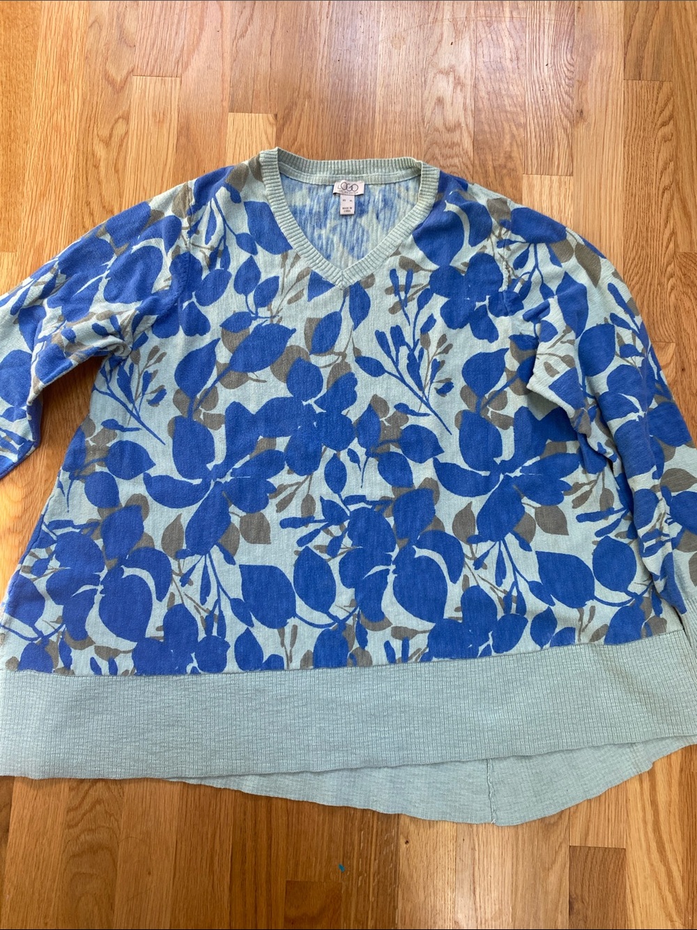 LOGO by Lori Goldstein Blue Floral Scoop V-Neck Sweater